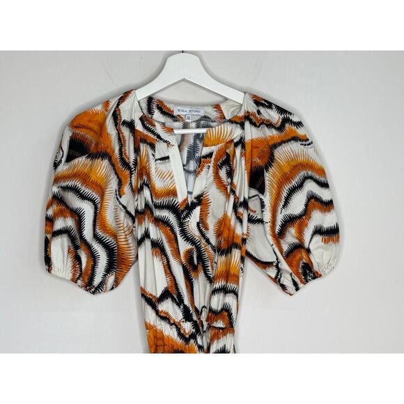 Willa Story Rachel Puff Sleeve V-Neck Babydoll Mini Dress Orange Black Womens XS - Picture 3 of 9